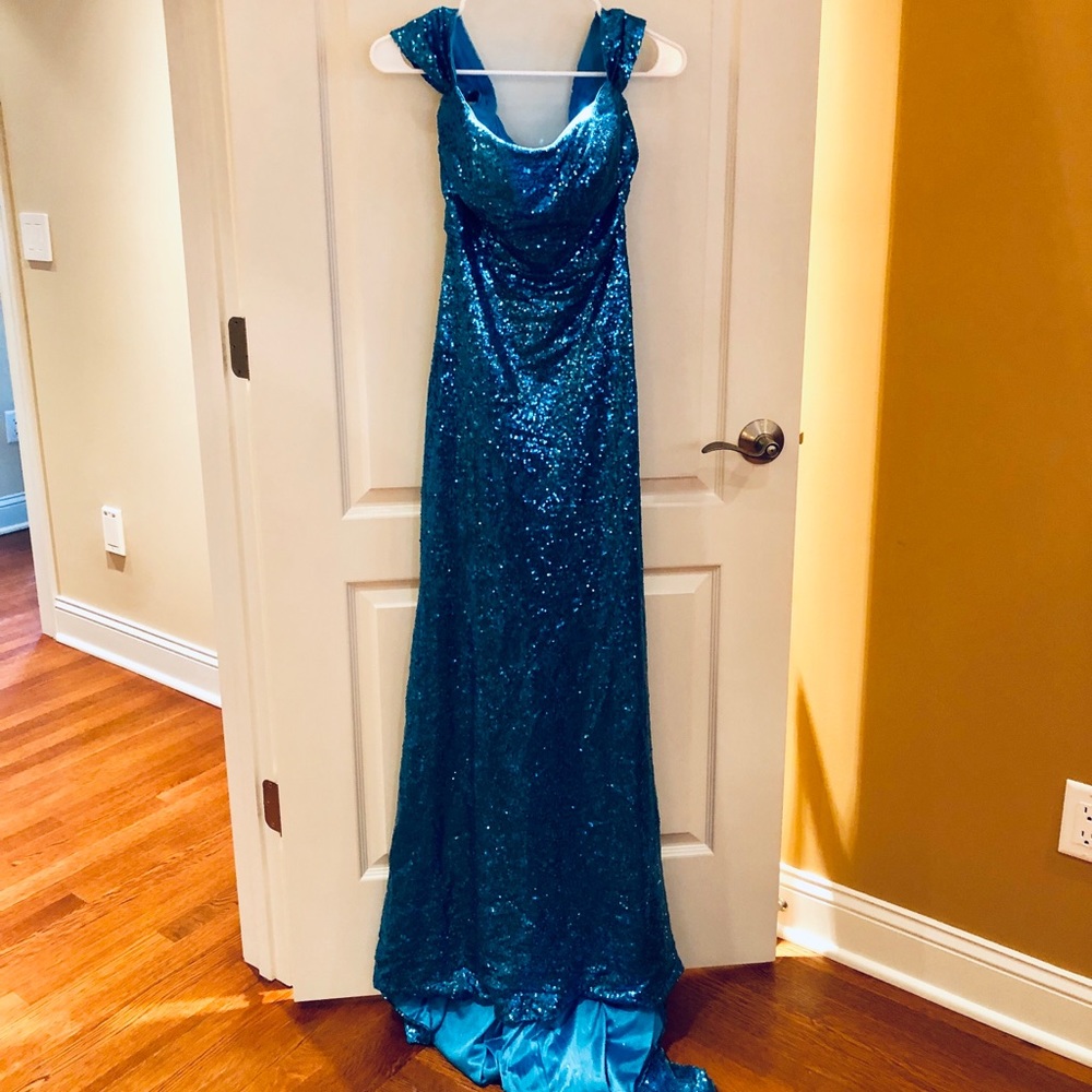 NWT Blue sequin off the shoulder gown size 4